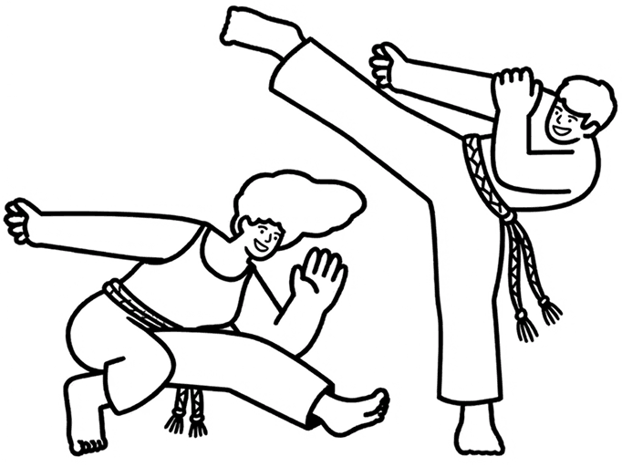 Line drawing icon of two people practicing Capoeira